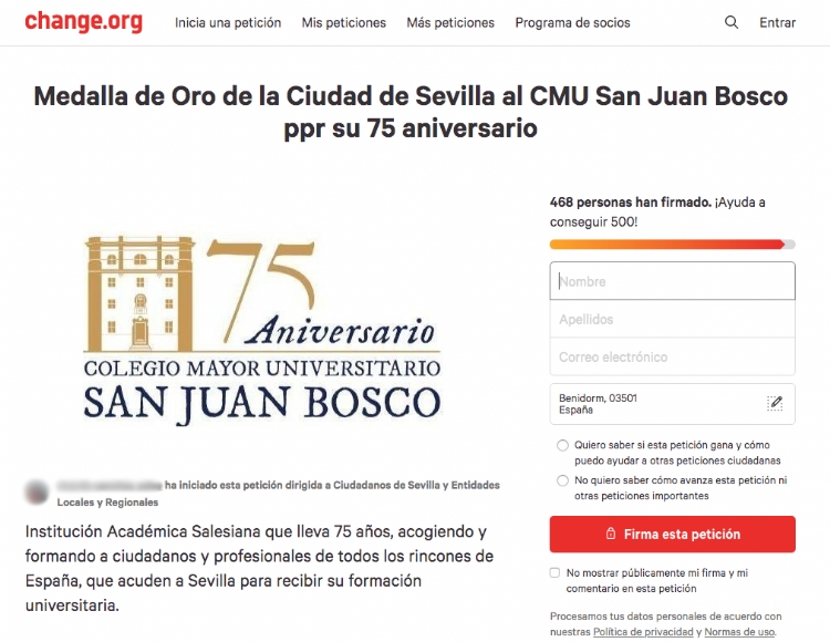 Los antiguos alumnos del Colegio Mayor San Juan Bosco elevan una petición muy especial por el 75 aniversario